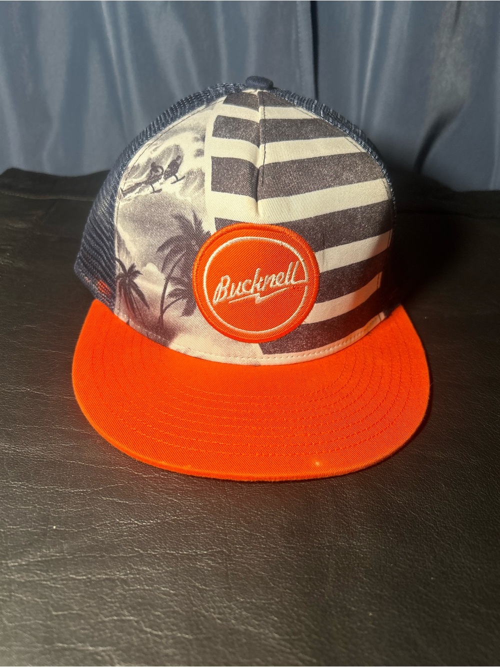 Hurley Orange Brim Navy Striped Trucker Hat